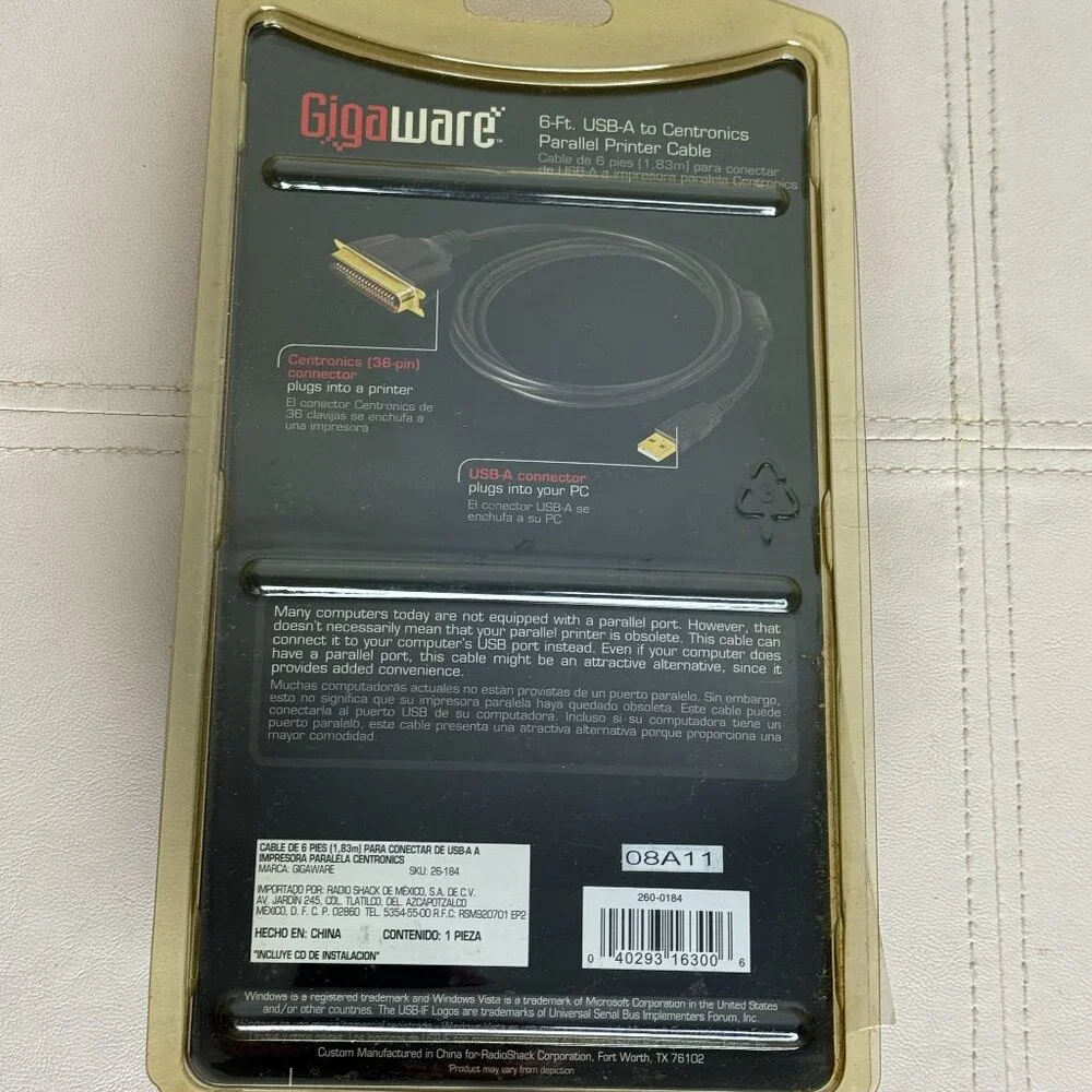 GIGAWARE 6 FT USB-A to CENTRONICS Parallel Printer Cable Radio Shack